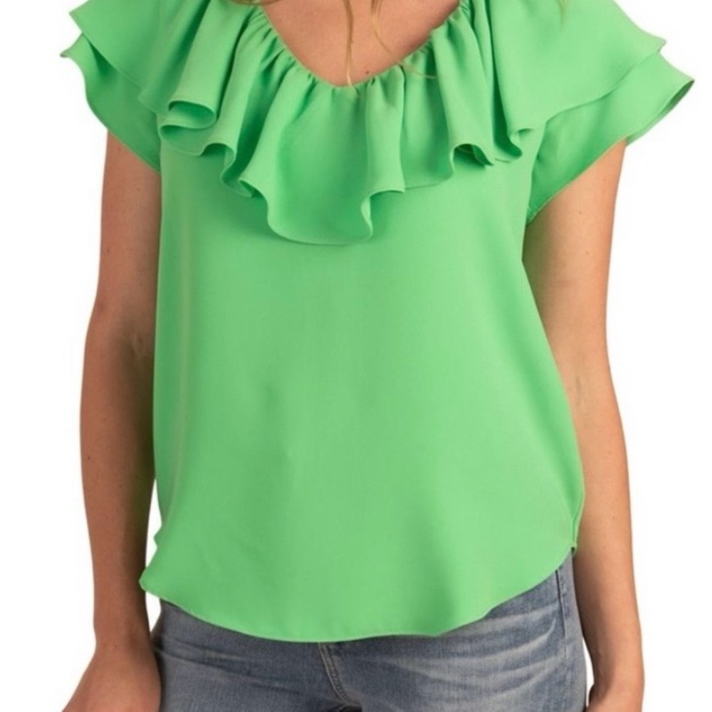 Trina Turk Green Ruffle V-Neck Blouse